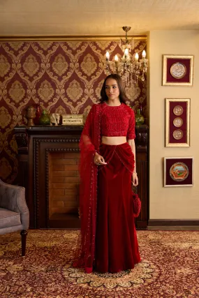 Opulent Red Velvet Lehenga Ensemble