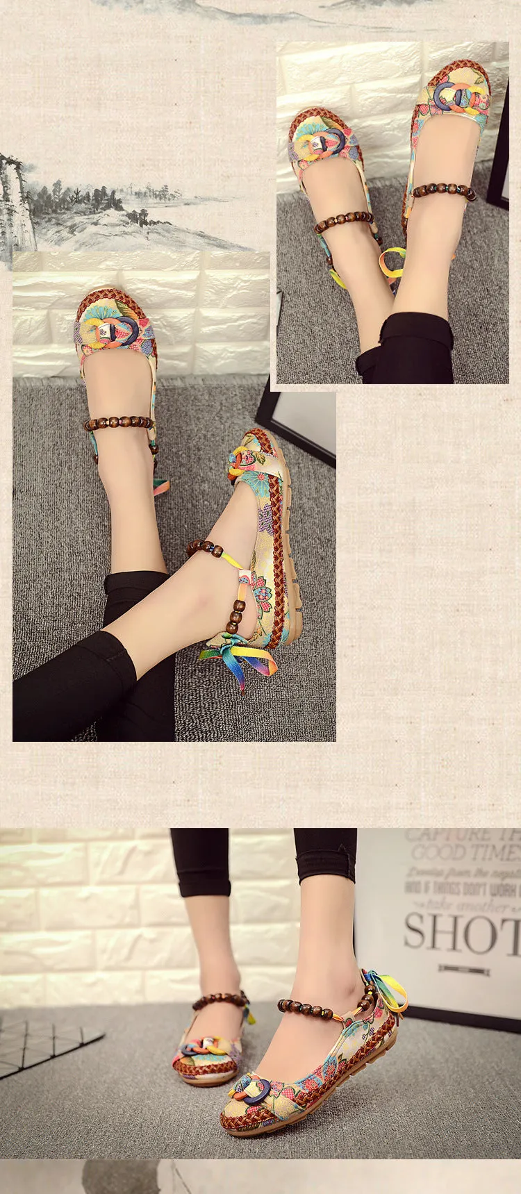 Plus Size Casual Flat Shoes Women Flats Beaded Ankle Straps Loafers Retro Ethnic Embroidered