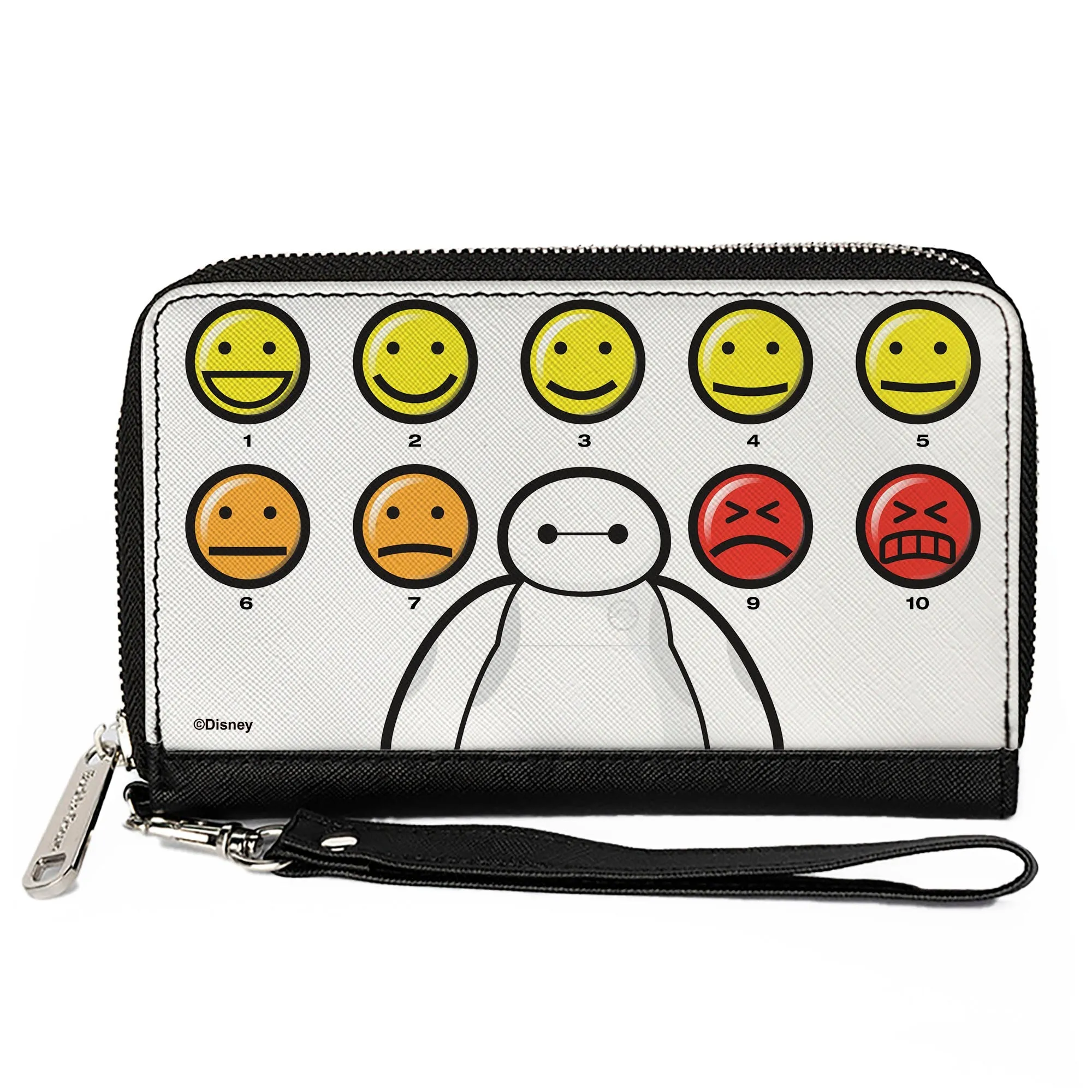 PU Zip Around Wallet Rectangle - Big Hero 6 Baymax Pain Scale Expressions White/Black/Multi Color