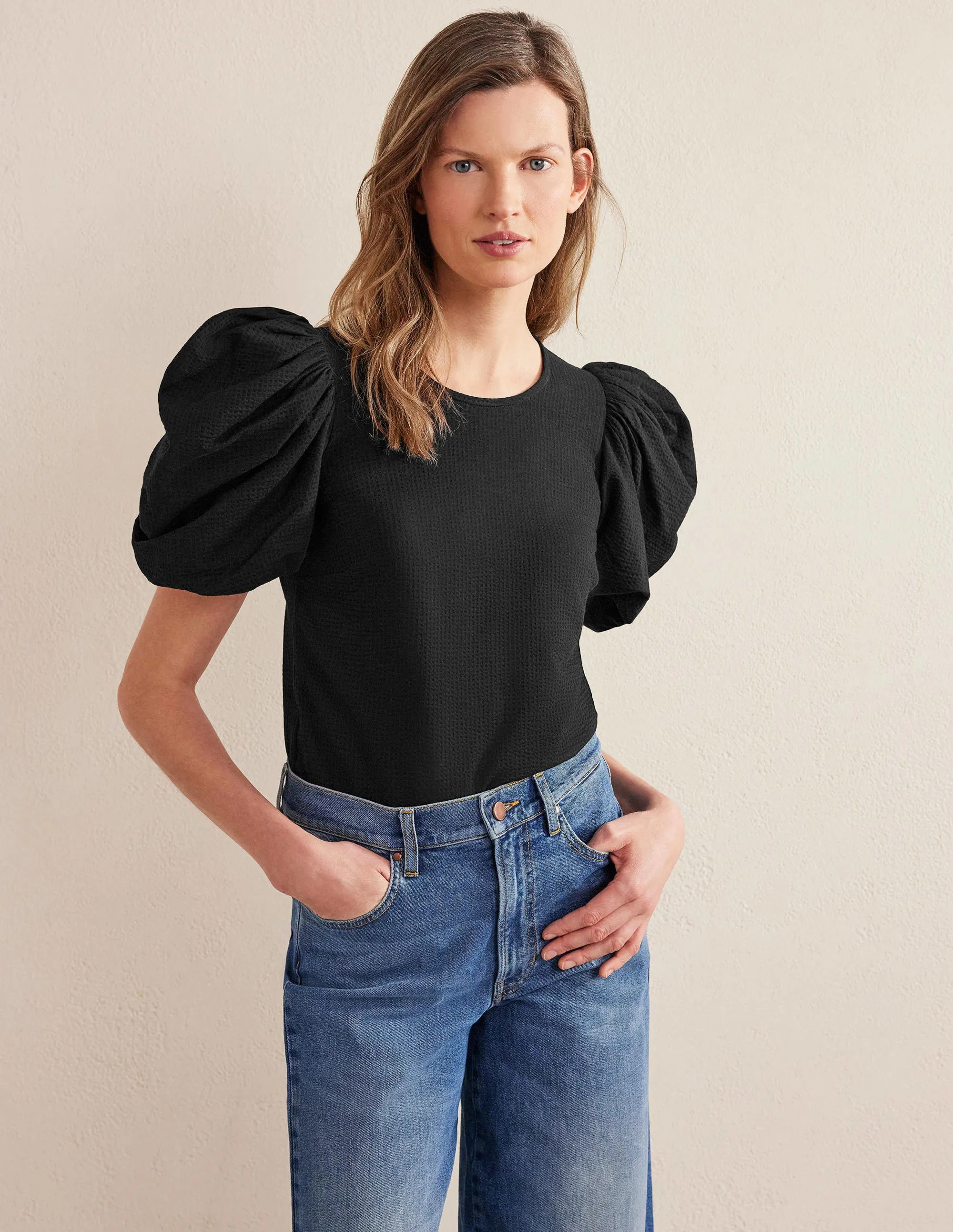 Puff Sleeve Jersey Top-Black