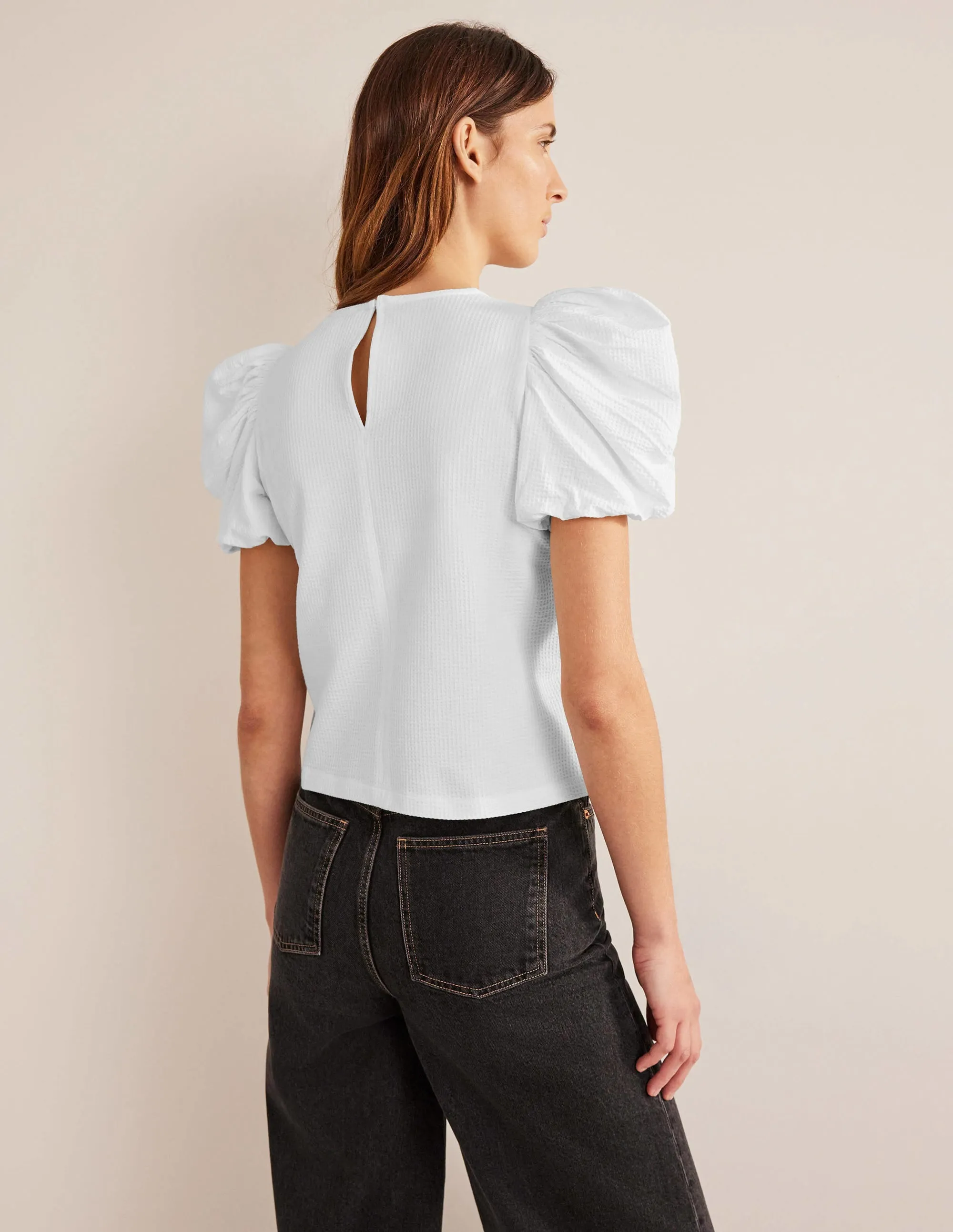 Puff Sleeve Jersey Top-White