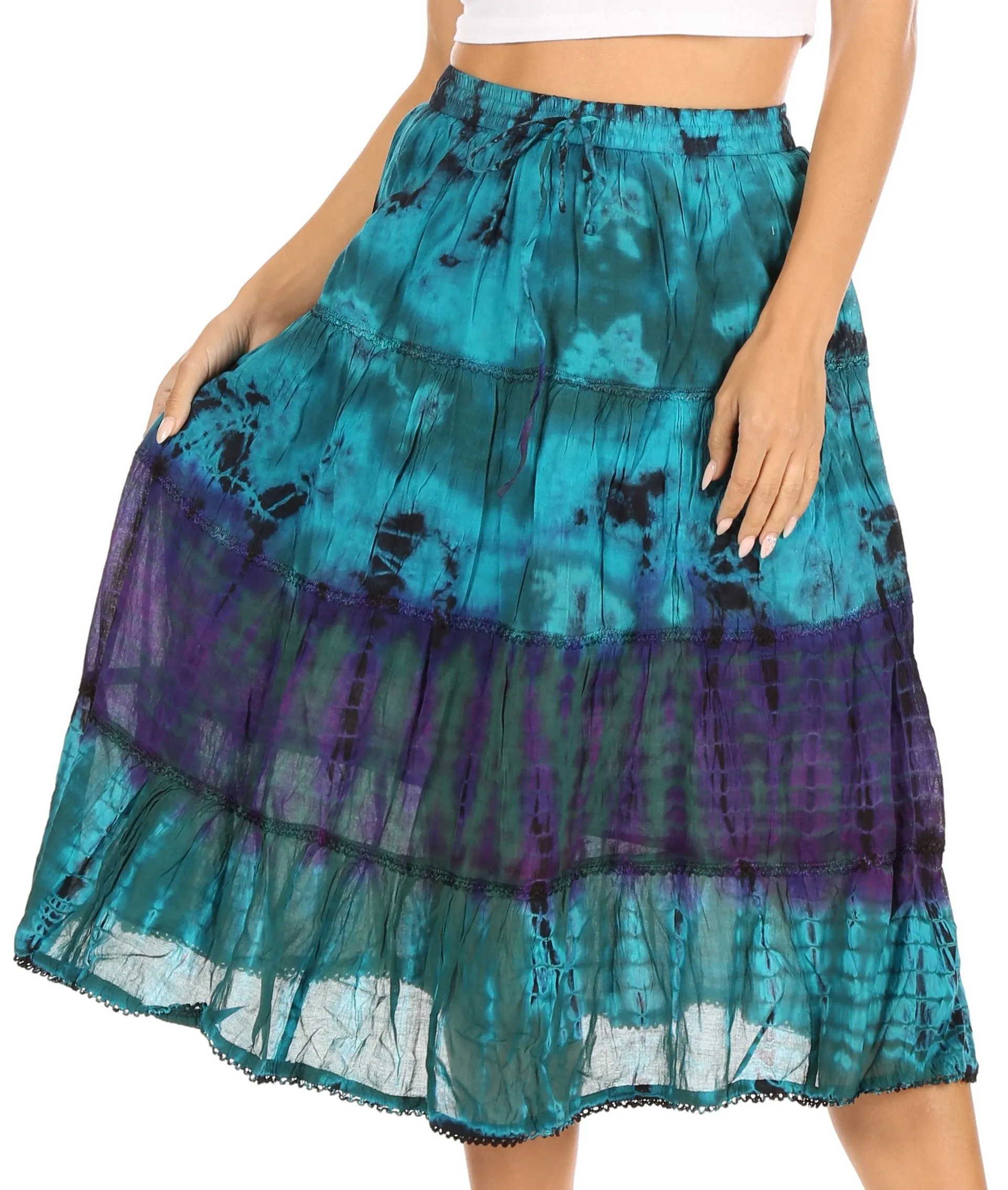 Sakkas Antonia Women's Skirt Tie Dye Boho Elastic Waist Adjustable Embroidery