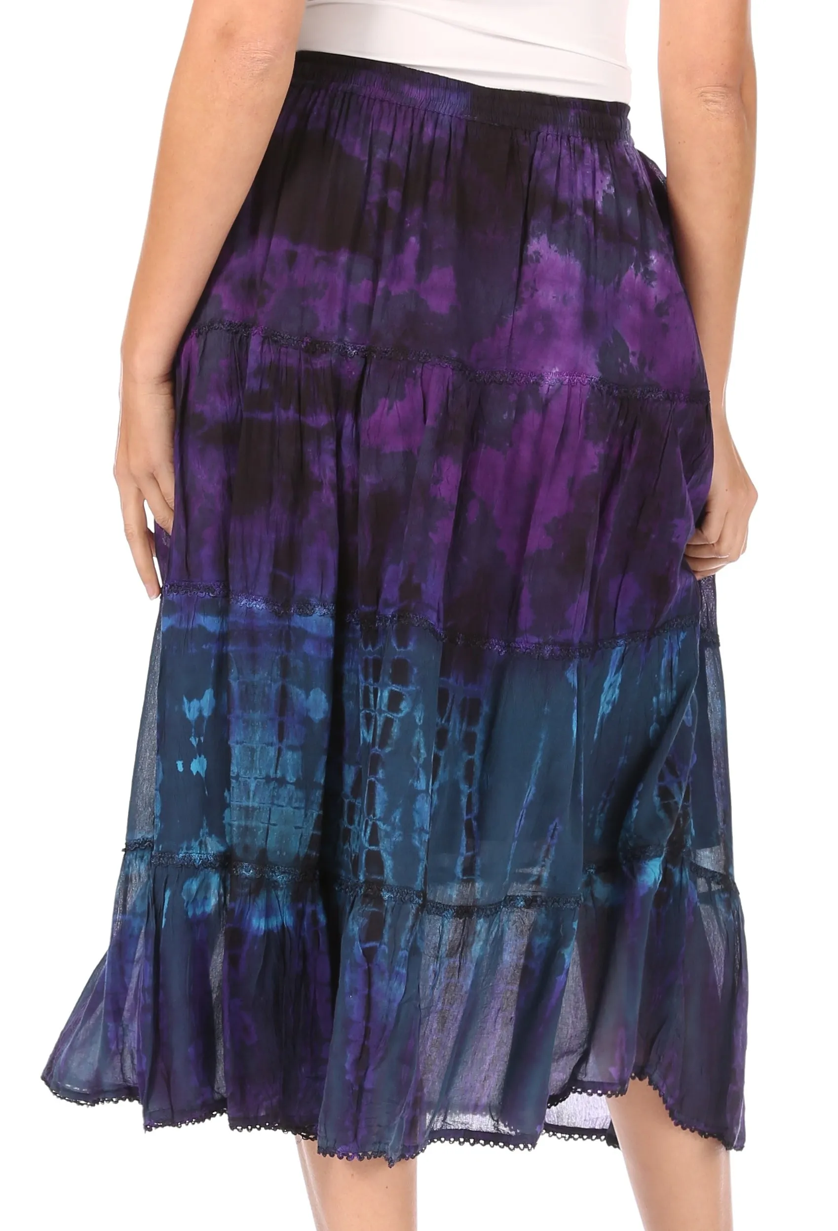 Sakkas Antonia Women's Skirt Tie Dye Boho Elastic Waist Adjustable Embroidery