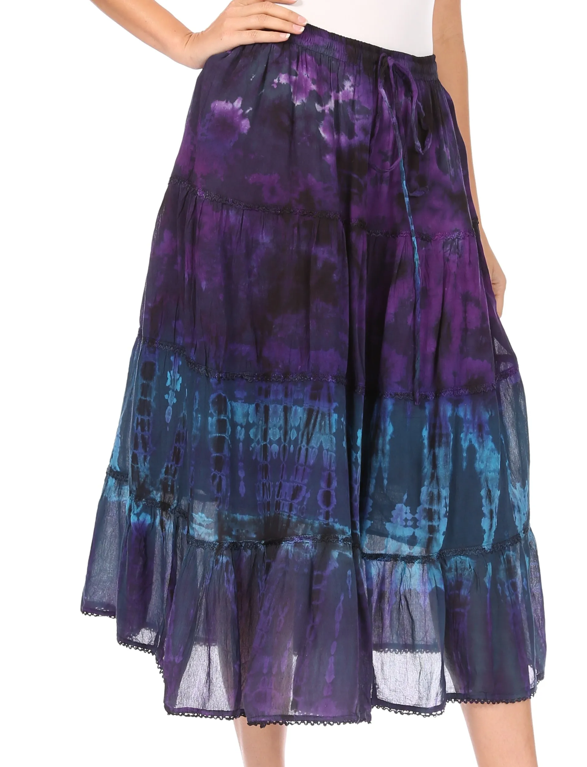 Sakkas Antonia Women's Skirt Tie Dye Boho Elastic Waist Adjustable Embroidery