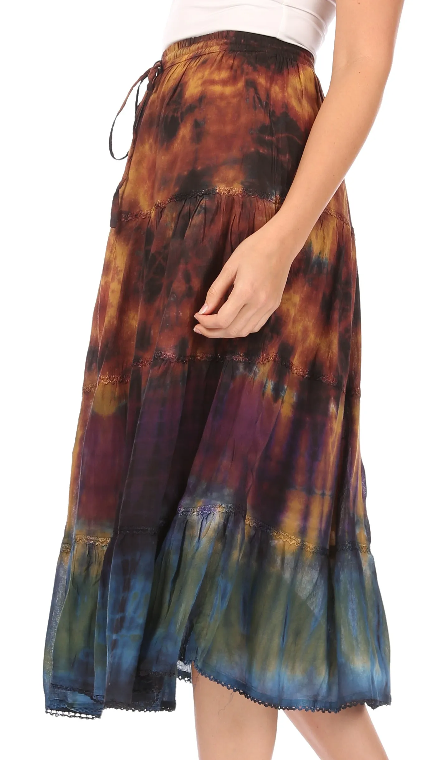 Sakkas Antonia Women's Skirt Tie Dye Boho Elastic Waist Adjustable Embroidery