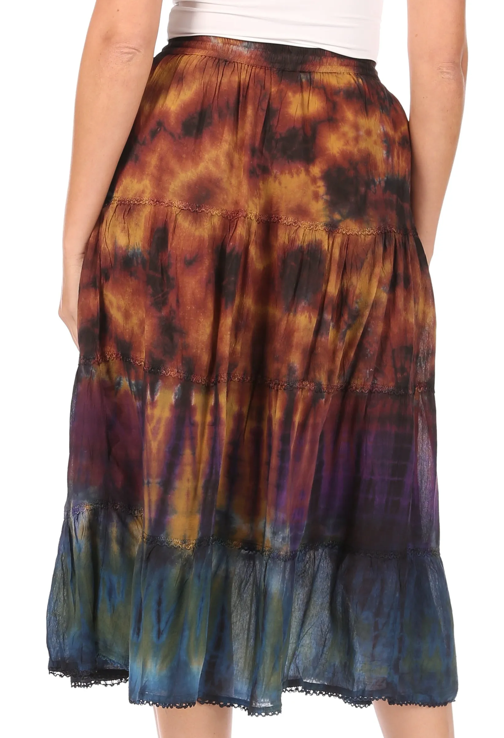 Sakkas Antonia Women's Skirt Tie Dye Boho Elastic Waist Adjustable Embroidery