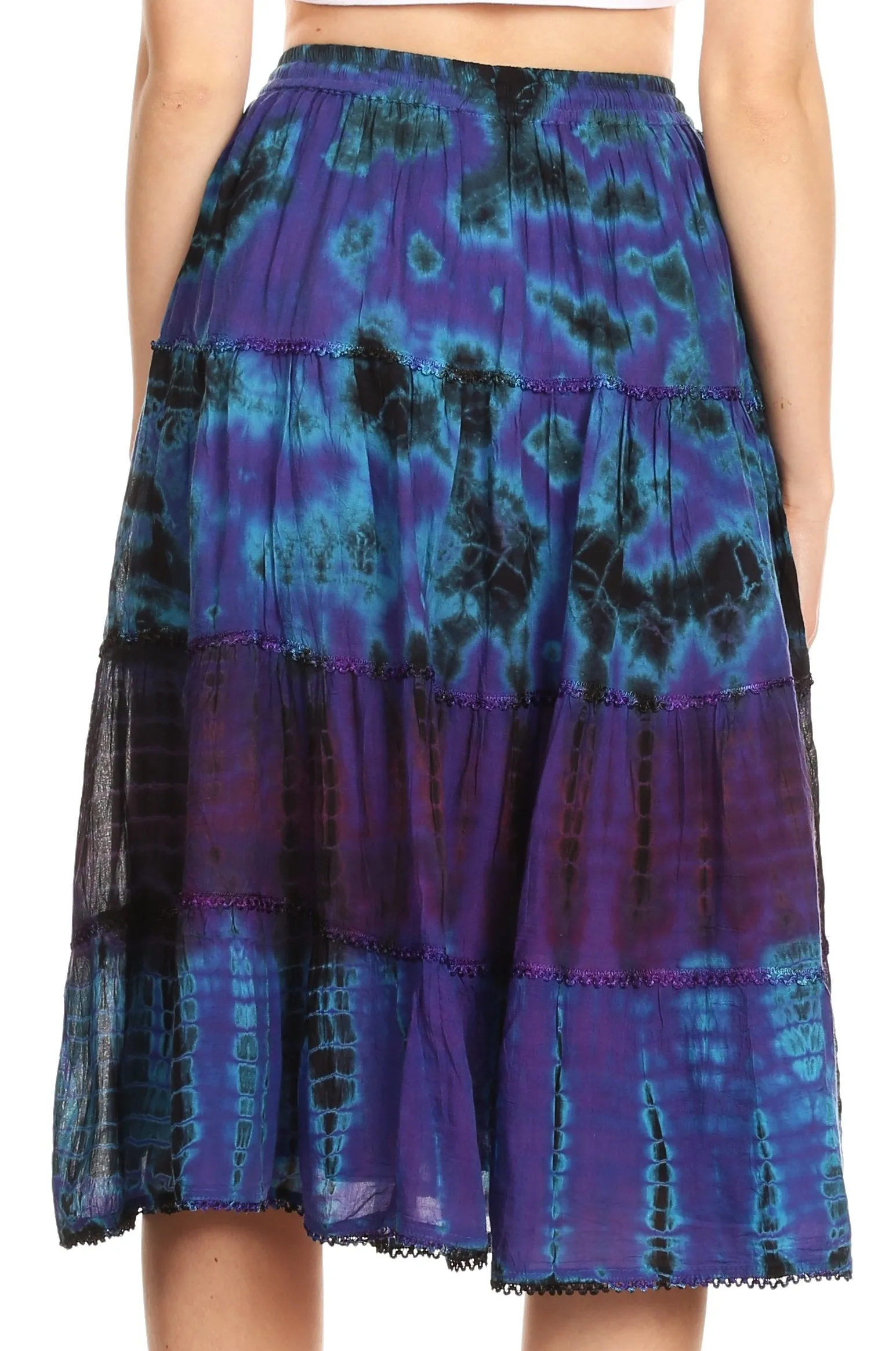 Sakkas Antonia Women's Skirt Tie Dye Boho Elastic Waist Adjustable Embroidery