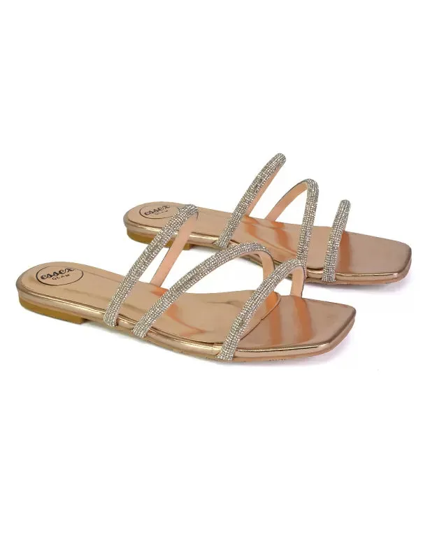 Santos Square Toe Strappy Slip On Crystal Gem Diamante Flat Sandals in Rose Gold