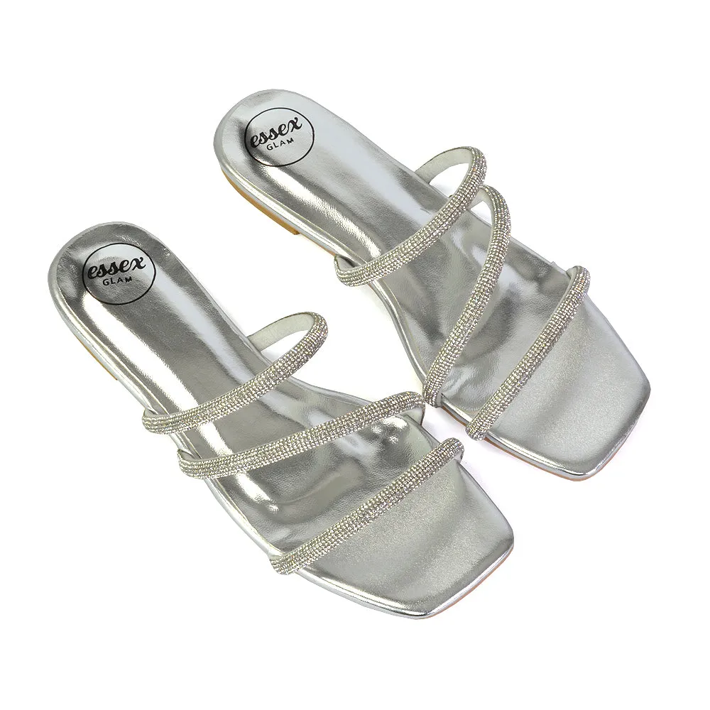 Santos Square Toe Strappy Slip On Crystal Gem Diamante Flat Sandals in Rose Gold