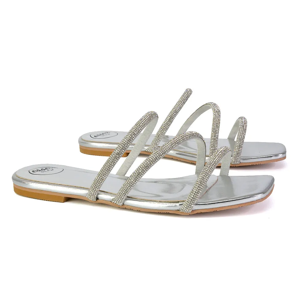 Santos Square Toe Strappy Slip On Crystal Gem Diamante Flat Sandals in Rose Gold