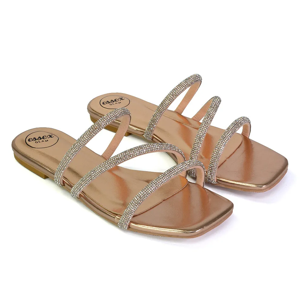 Santos Square Toe Strappy Slip On Crystal Gem Diamante Flat Sandals in Rose Gold