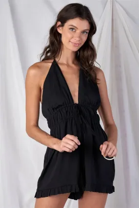 Solid Black Satin Open Back Halter Top Ruffle Hem Front Double Draw String Tie Romper /1-2-2-1