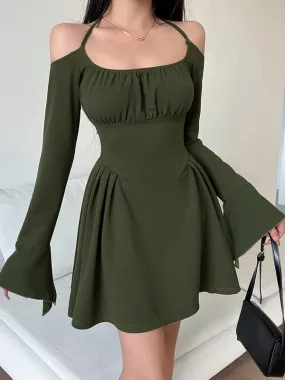 TastyHottie - Fairycore Solid Green Cold Shoulder Dress