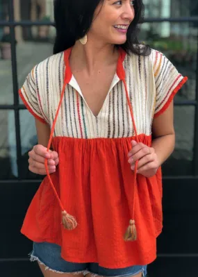 THML Clementine Embroidered Striped Tassel Top