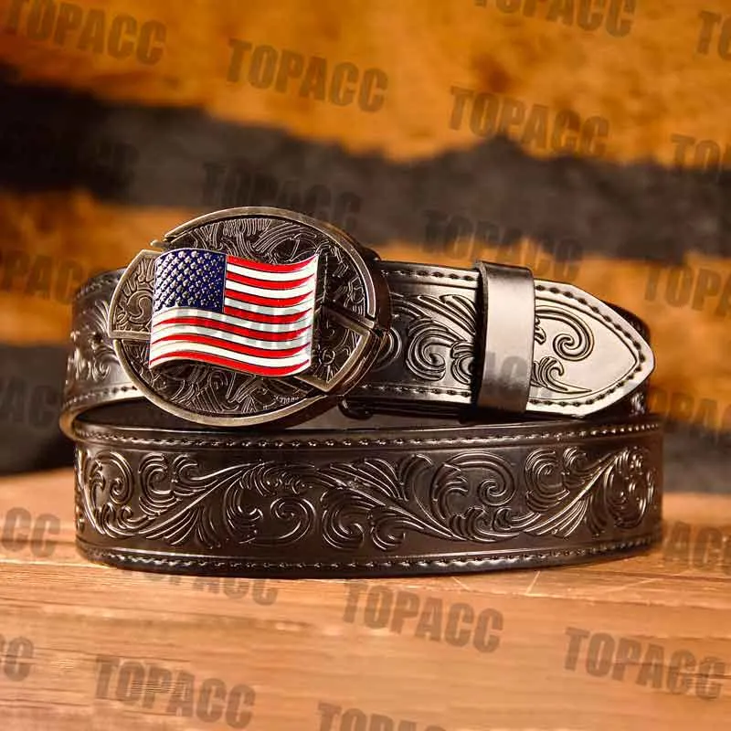 TOPACC Western Genuine Leather Pattern Tooled Black Belt - Buckle with Block