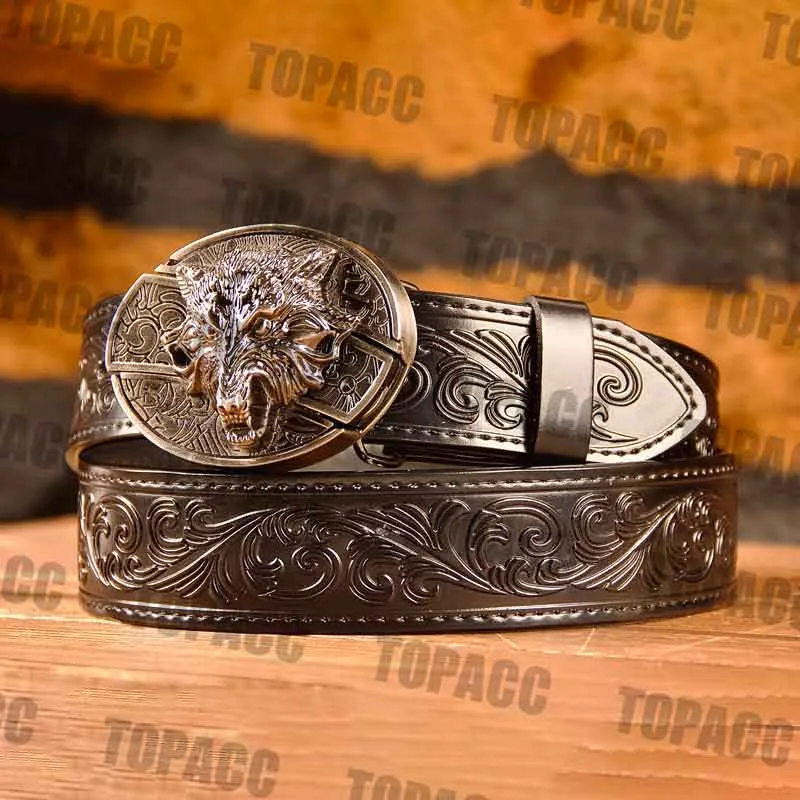 TOPACC Western Genuine Leather Pattern Tooled Black Belt - Buckle with Block