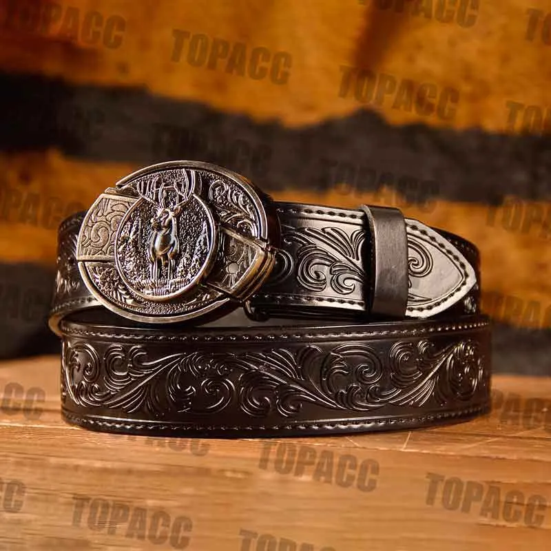 TOPACC Western Genuine Leather Pattern Tooled Black Belt - Buckle with Block