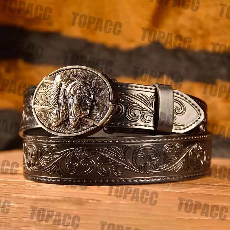 TOPACC Western Genuine Leather Pattern Tooled Black Belt - Buckle with Block