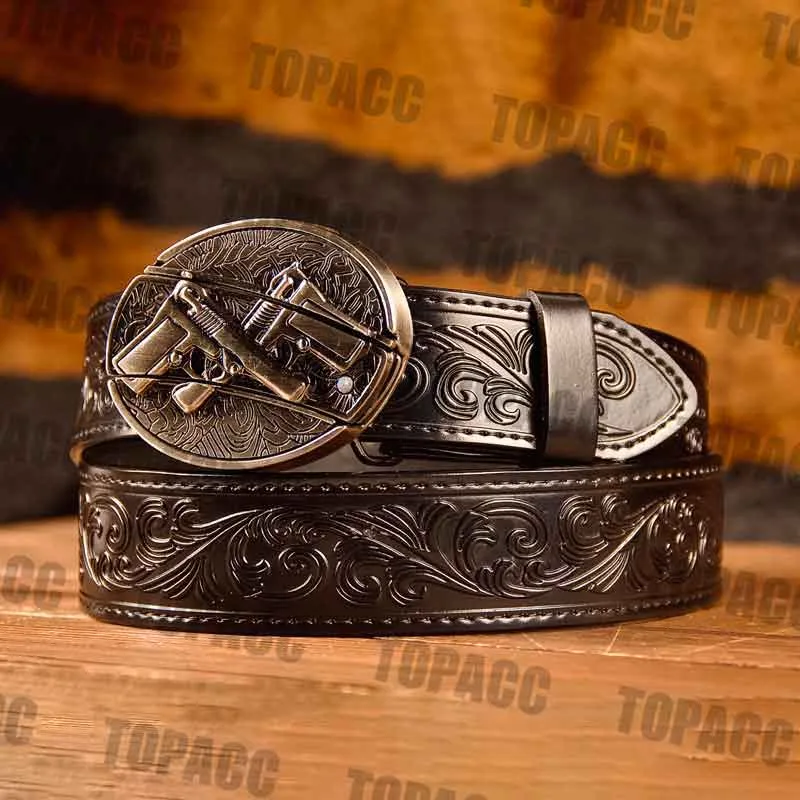 TOPACC Western Genuine Leather Pattern Tooled Black Belt - Buckle with Block