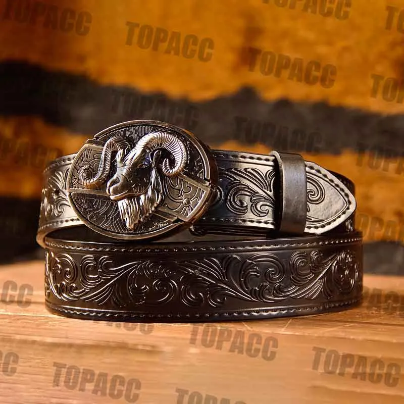 TOPACC Western Genuine Leather Pattern Tooled Black Belt - Buckle with Block