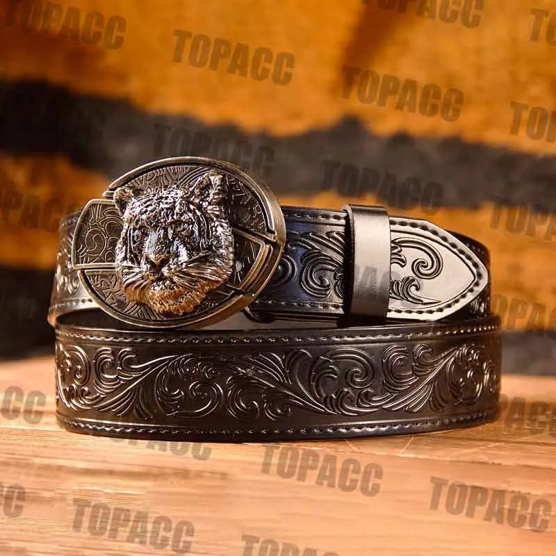 TOPACC Western Genuine Leather Pattern Tooled Black Belt - Buckle with Block