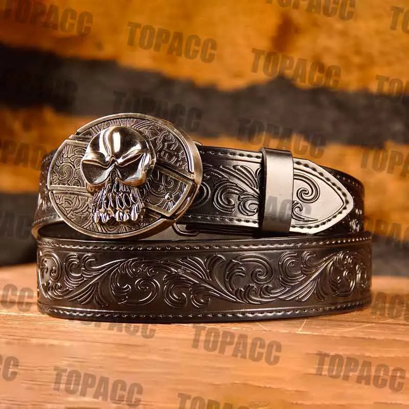 TOPACC Western Genuine Leather Pattern Tooled Black Belt - Buckle with Block