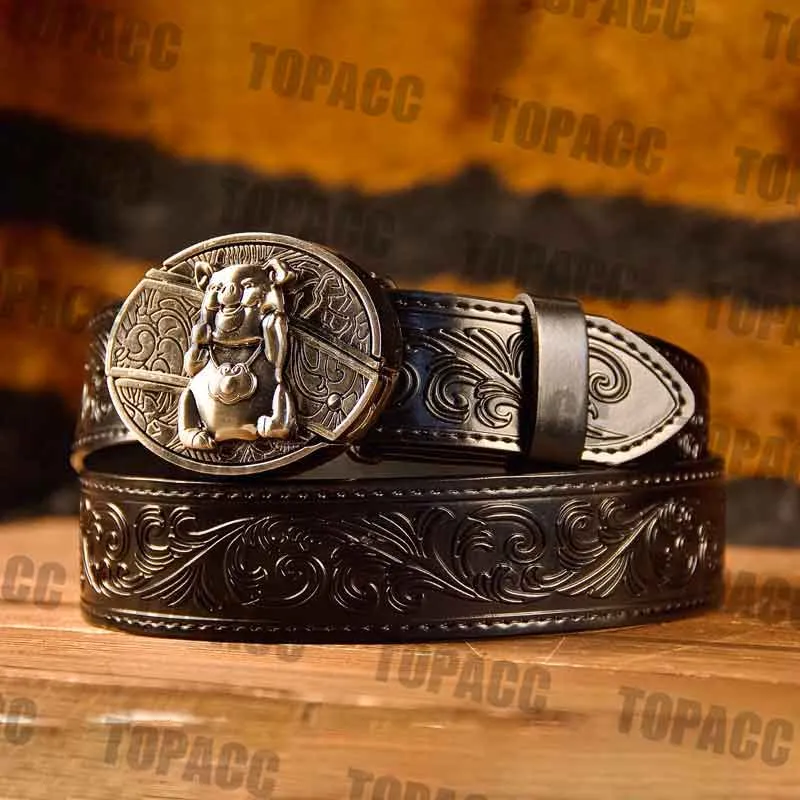 TOPACC Western Genuine Leather Pattern Tooled Black Belt - Buckle with Block