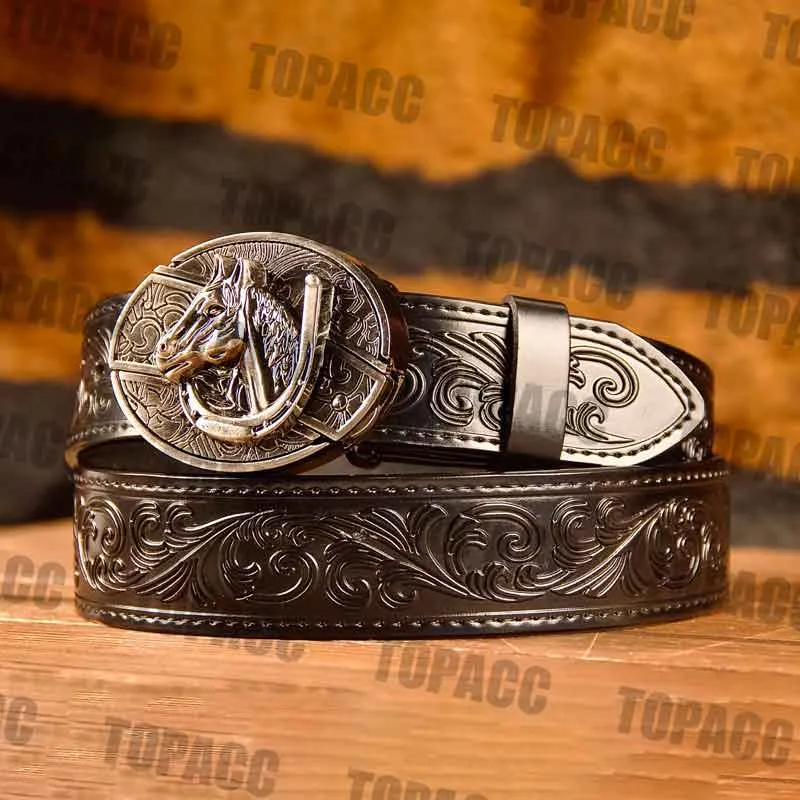 TOPACC Western Genuine Leather Pattern Tooled Black Belt - Buckle with Block