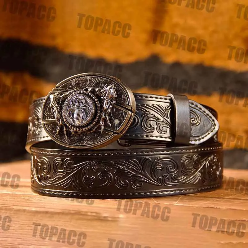 TOPACC Western Genuine Leather Pattern Tooled Black Belt - Buckle with Block