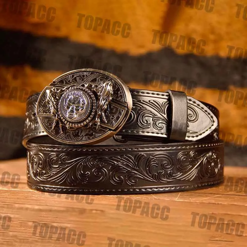 TOPACC Western Genuine Leather Pattern Tooled Black Belt - Buckle with Block