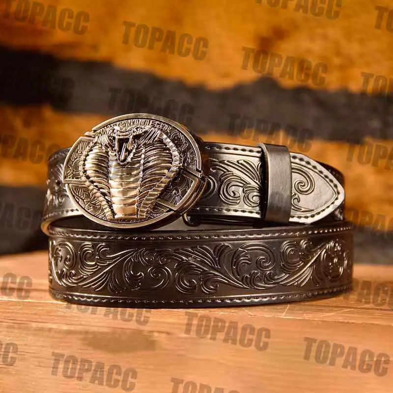 TOPACC Western Genuine Leather Pattern Tooled Black Belt - Buckle with Block