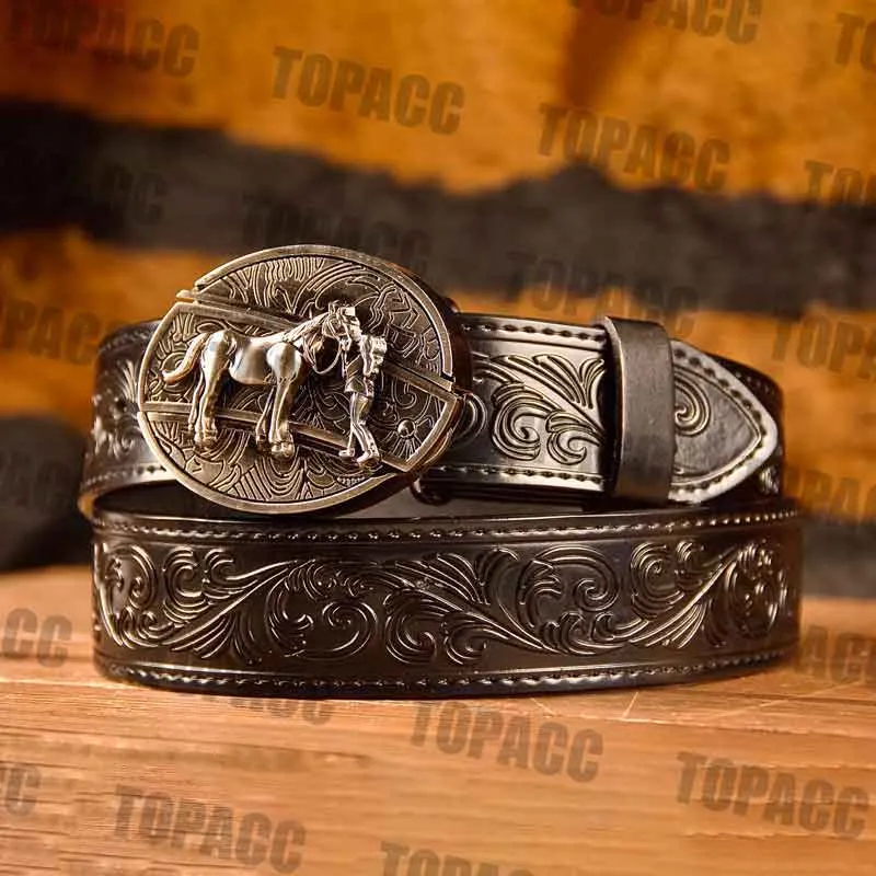 TOPACC Western Genuine Leather Pattern Tooled Black Belt - Buckle with Block