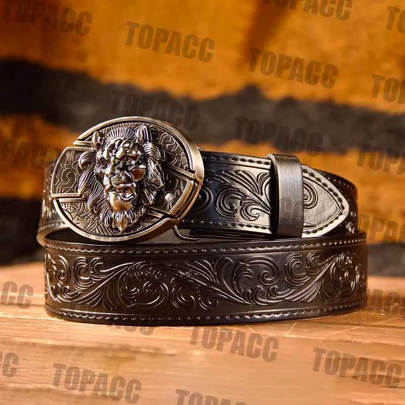 TOPACC Western Genuine Leather Pattern Tooled Black Belt - Buckle with Block