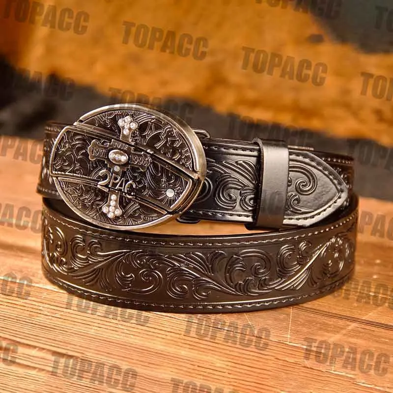 TOPACC Western Genuine Leather Pattern Tooled Black Belt - Buckle with Block