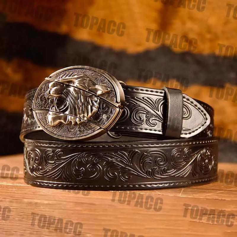 TOPACC Western Genuine Leather Pattern Tooled Black Belt - Buckle with Block