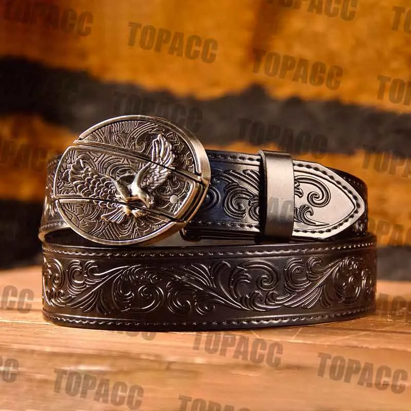 TOPACC Western Genuine Leather Pattern Tooled Black Belt - Buckle with Block