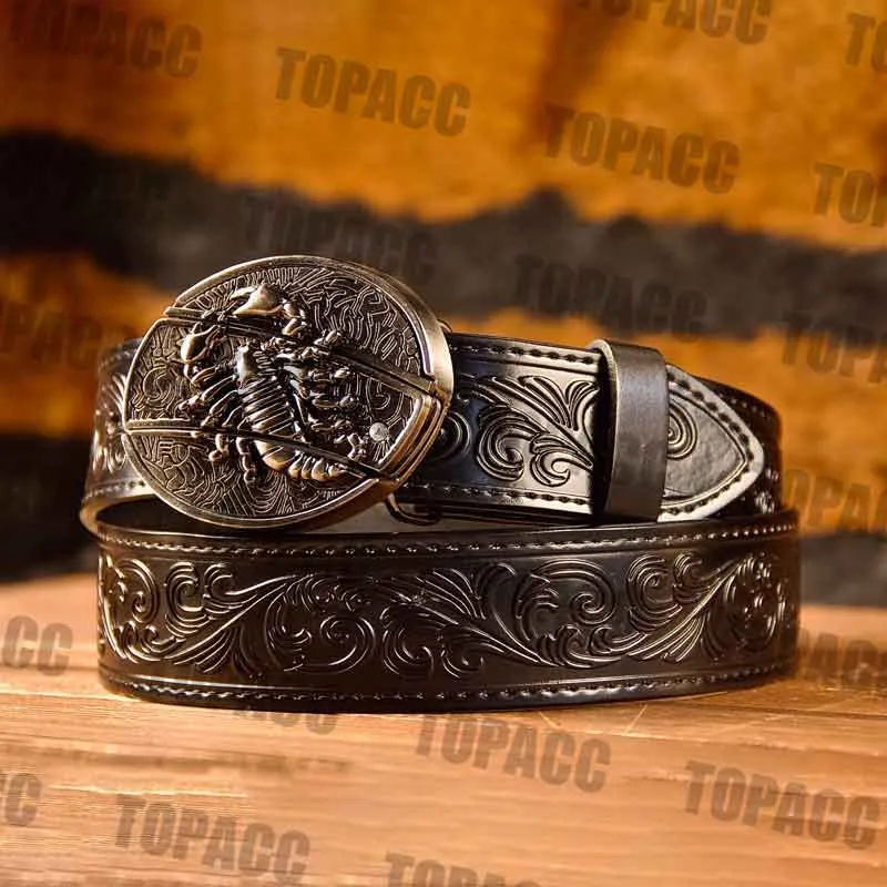 TOPACC Western Genuine Leather Pattern Tooled Black Belt - Buckle with Block