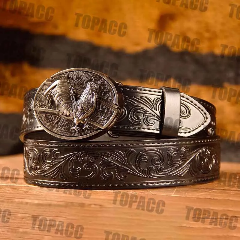 TOPACC Western Genuine Leather Pattern Tooled Black Belt - Buckle with Block