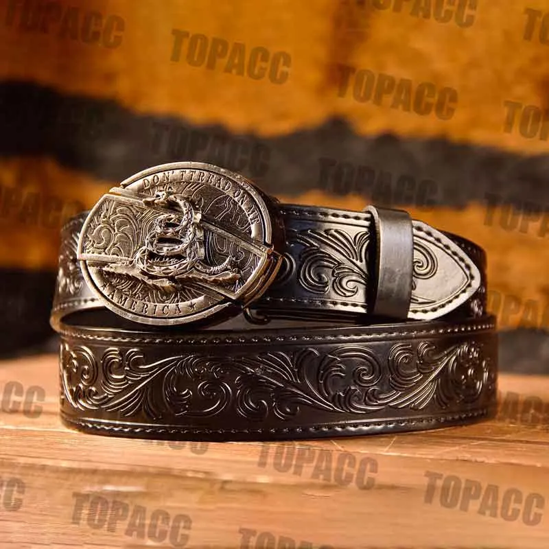 TOPACC Western Genuine Leather Pattern Tooled Black Belt - Buckle with Block