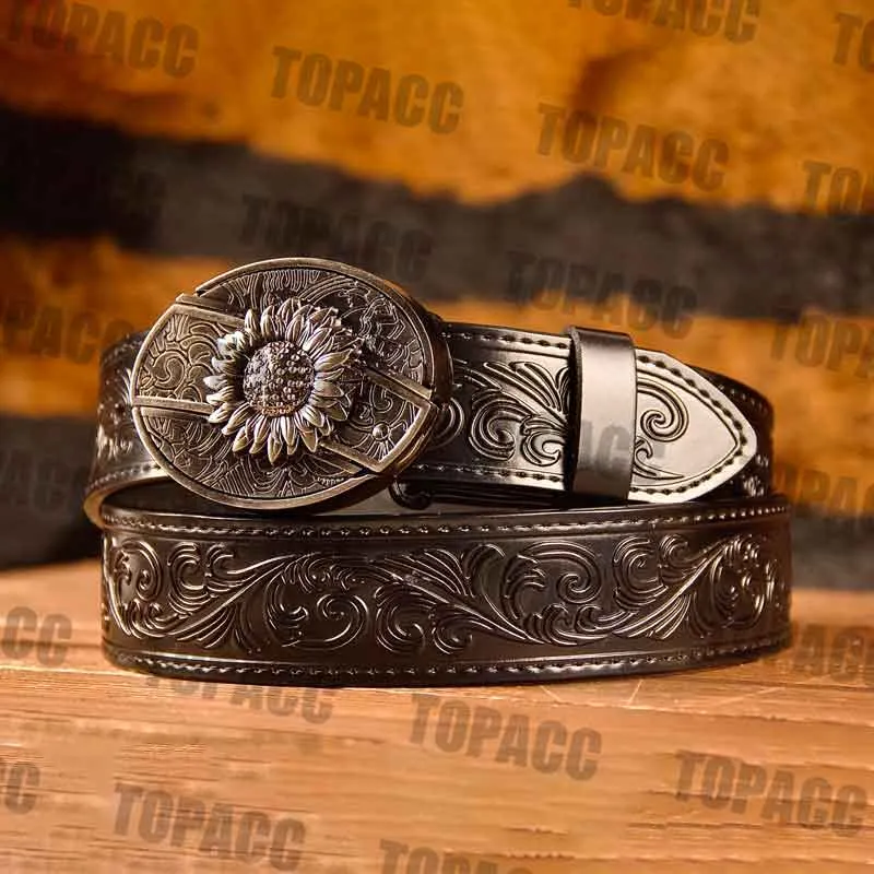 TOPACC Western Genuine Leather Pattern Tooled Black Belt - Buckle with Block