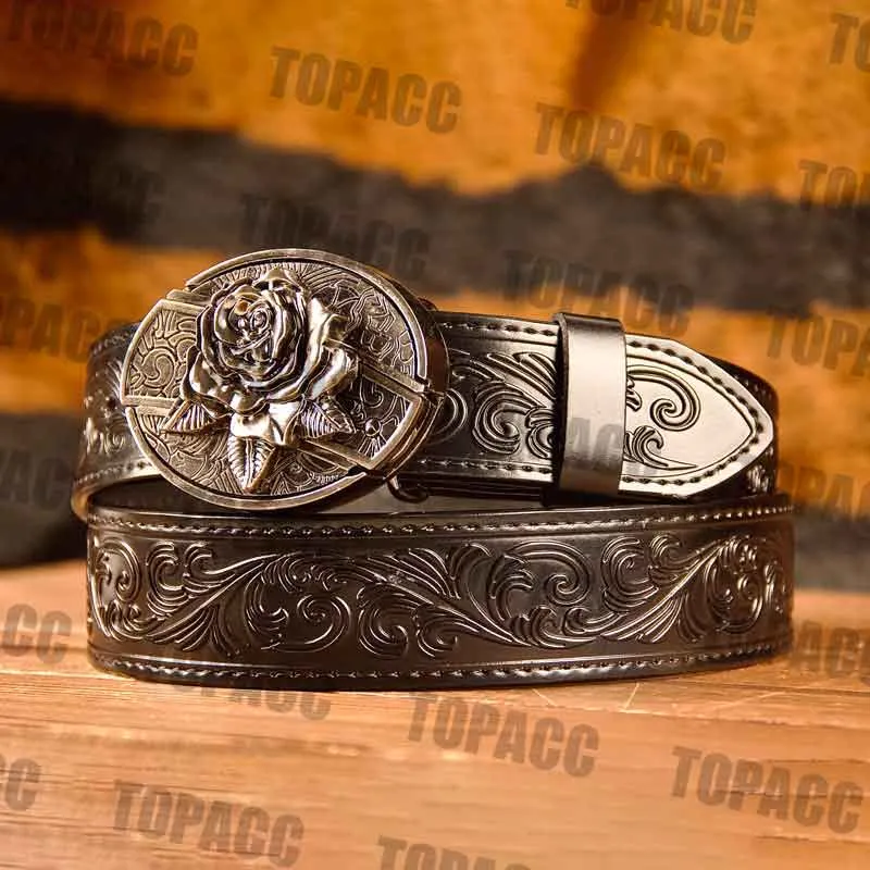 TOPACC Western Genuine Leather Pattern Tooled Black Belt - Buckle with Block