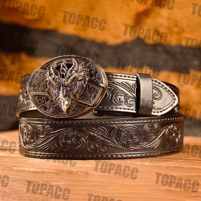 TOPACC Western Genuine Leather Pattern Tooled Black Belt - Buckle with Block