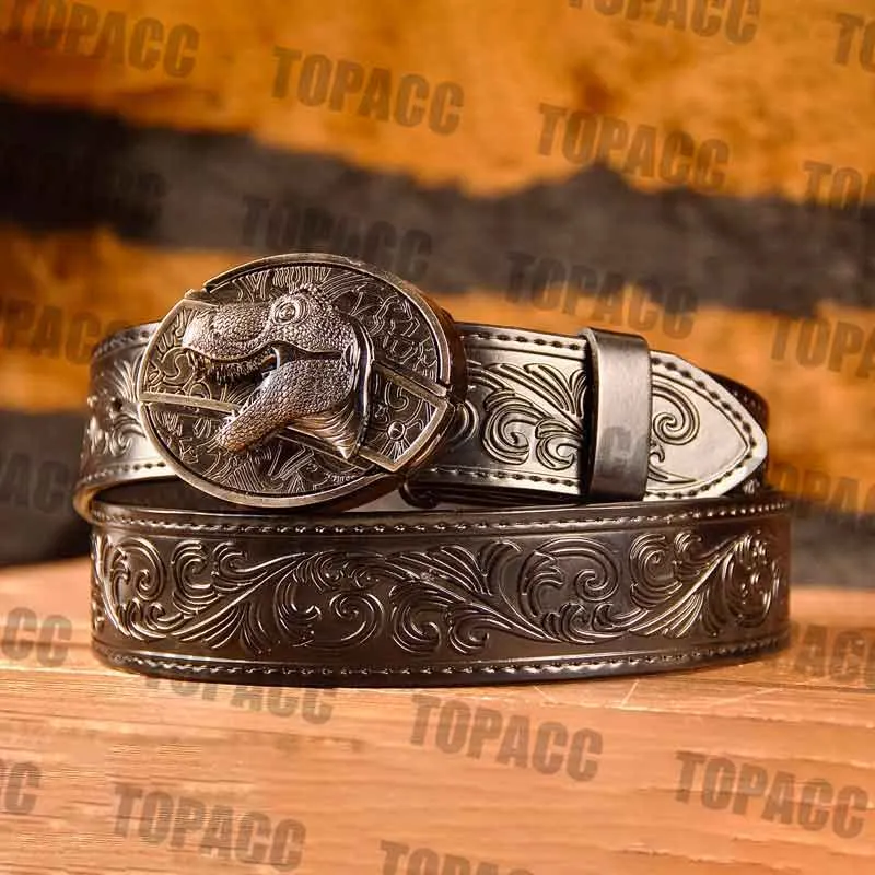 TOPACC Western Genuine Leather Pattern Tooled Black Belt - Buckle with Block