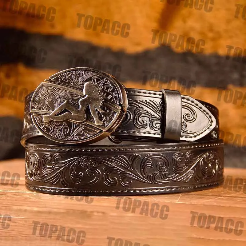 TOPACC Western Genuine Leather Pattern Tooled Black Belt - Buckle with Block