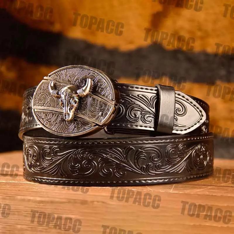 TOPACC Western Genuine Leather Pattern Tooled Black Belt - Buckle with Block