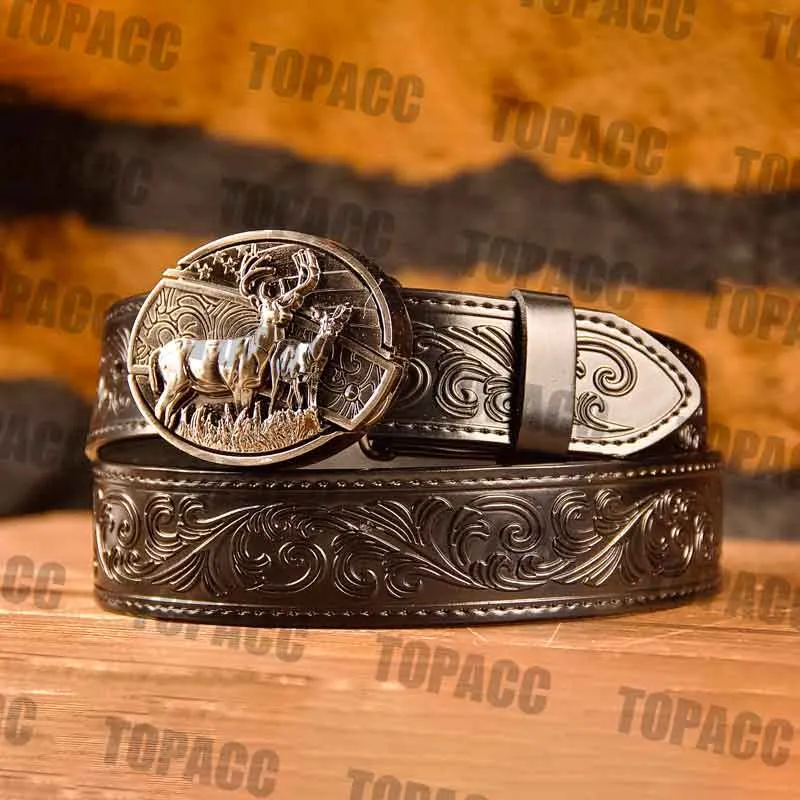 TOPACC Western Genuine Leather Pattern Tooled Black Belt - Buckle with Block