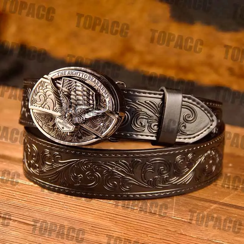 TOPACC Western Genuine Leather Pattern Tooled Black Belt - Buckle with Block