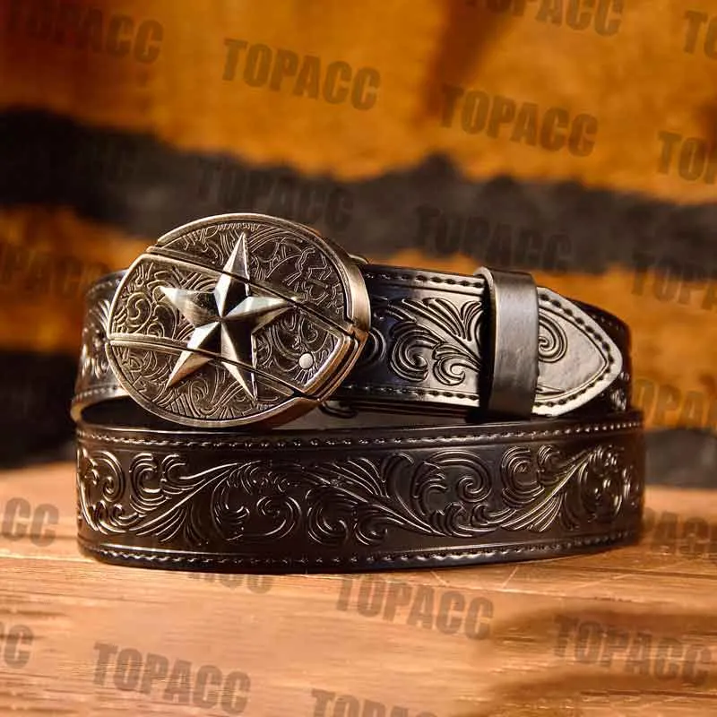 TOPACC Western Genuine Leather Pattern Tooled Black Belt - Buckle with Block