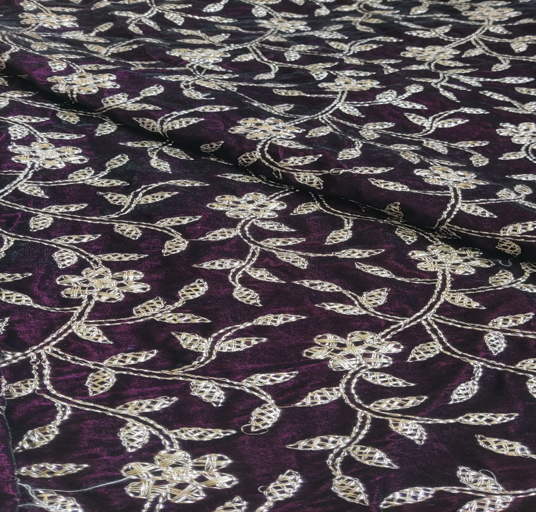 Wine & Golden Floral Embroidered Zardozi Velvet Fabric (Wholesale)