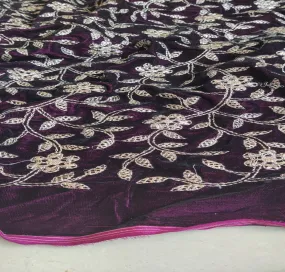 Wine & Golden Floral Embroidered Zardozi Velvet Fabric (Wholesale)